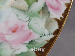 Antique Limoges Hand Painted Signed Milligen Pink Rose Gold 10 1/4 Inch Plate B