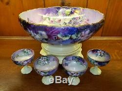 Antique Limoges Handpainted Punch Bowl, Plinth Stand, & 4 Punch Cups