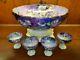 Antique Limoges Handpainted Punch Bowl, Plinth Stand, & 4 Punch Cups