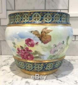 Antique Limoges Jardiniere Planter Handpainted Gold Raised Bumblebee Butterfly