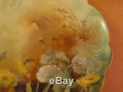 Antique Limoges Large Charger Plate Flowers Dandelion Hand Painted Marked 13.5