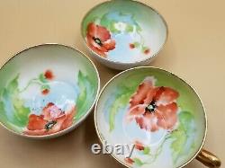 Antique Limoges Old Abbey Hand Painted Poppies Artist Signed Set of 3 Cups