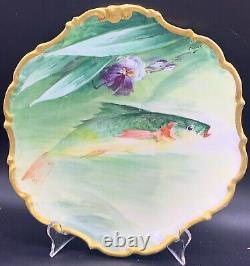 Antique Limoges Plate Plaque Fish Artist Signed Rococo Gold Rim Hand Painted