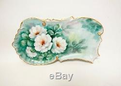 Antique Limoges Porcelain Dresser Vanity Tray Hand Painted Flowers Encrusted Gol