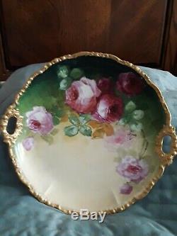 Antique Limoges Porcelain Hand Painted Floral Platter Pink Roses Gold Trim