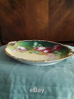 Antique Limoges Porcelain Hand Painted Floral Platter Pink Roses Gold Trim