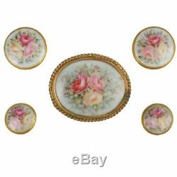 Antique Limoges Porcelain Hand Painted Roses Stud Buttons and Sash Buckle