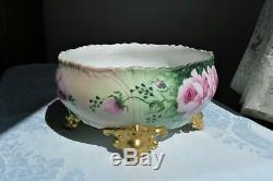 Antique Limoges Porcelain Jardiniere Ferner Planter Hand-Painted Roses Vase Gold