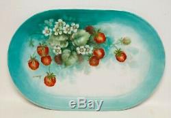Antique Limoges Porcelain Platter Hand Painted Wild Strawberries Artist Signed