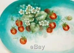 Antique Limoges Porcelain Platter Hand Painted Wild Strawberries Artist Signed