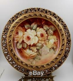 Antique Limoges Roses Hand Painted Framed Plaque Tray Charger