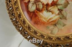 Antique Limoges Roses Hand Painted Framed Plaque Tray Charger