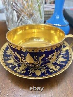 Antique Limoges Sevres Style French Hand Painted Tea Cup & Saucer Raised Gold