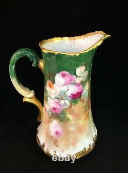 Antique Limoges T & V Pitcher Hand Painted Heavy Gold Signed Worth 10 1/2 Tall