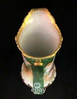 Antique Limoges T & V Pitcher Hand Painted Heavy Gold Signed Worth 10 1/2 Tall