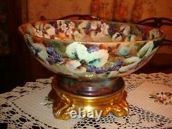 Antique Limoges T&v. Hand Painted Punch Bowl With Base, Berries &gold, Large 15