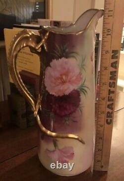 Antique Limoges Tankard Pitcher Chocolate Pot Floral Dragon Handle JPL 11 tall