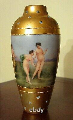 Antique Limoges Vase Hand Painted Nude Bathing Beauties Gold And Jewels