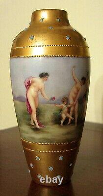 Antique Limoges Vase Hand Painted Nude Bathing Beauties Gold And Jewels