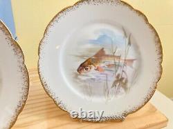 Antique Limoges WM Guerin fish plates for 10, made in France, Hand Painted 23.5'