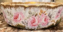 Antique M R France Limoges Hand Painted Pink Cabbage Roses Pudding Bowl Gold