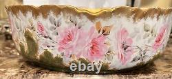 Antique M R France Limoges Hand Painted Pink Cabbage Roses Pudding Bowl Gold