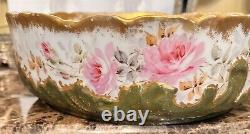 Antique M R France Limoges Hand Painted Pink Cabbage Roses Pudding Bowl Gold