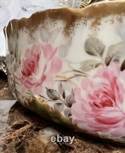 Antique M R France Limoges Hand Painted Pink Cabbage Roses Pudding Bowl Gold