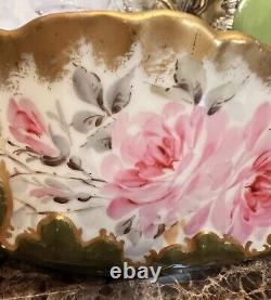 Antique M R France Limoges Hand Painted Pink Cabbage Roses Pudding Bowl Gold