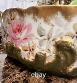 Antique M R France Limoges Hand Painted Pink Cabbage Roses Pudding Bowl Gold