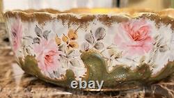 Antique M R France Limoges Hand Painted Pink Cabbage Roses Pudding Bowl Gold