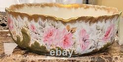 Antique M R France Limoges Hand Painted Pink Cabbage Roses Pudding Bowl Gold