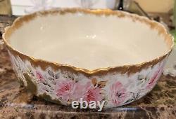 Antique M R France Limoges Hand Painted Pink Cabbage Roses Pudding Bowl Gold