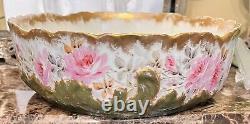 Antique M R France Limoges Hand Painted Pink Cabbage Roses Pudding Bowl Gold