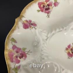 Antique M. Redon Limoges France Hand Painted Porcelain Oyster Plate Pansies Gold