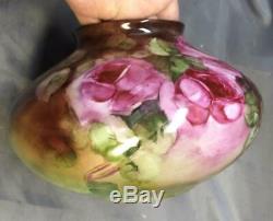 Antique Old Fine Hand Painted Floral Decorated Painting French Vase Red Roses