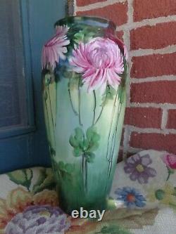 Antique Pl Limoges France Hand Painted Floral Mums Porcelain Large Vase