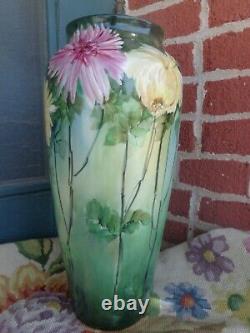 Antique Pl Limoges France Hand Painted Floral Mums Porcelain Large Vase