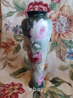 Antique Pl Limoges France Hand Painted Pink Roses Floral Tall Skinny Vase