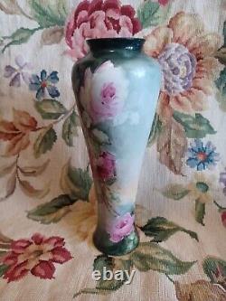 Antique Pl Limoges France Hand Painted Pink Roses Floral Tall Skinny Vase