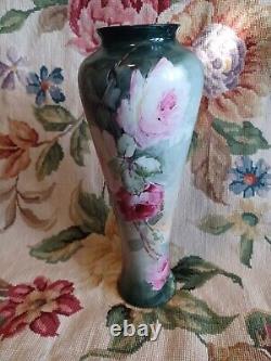 Antique Pl Limoges France Hand Painted Pink Roses Floral Tall Skinny Vase