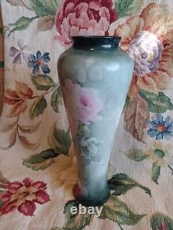 Antique Pl Limoges France Hand Painted Pink Roses Floral Tall Skinny Vase