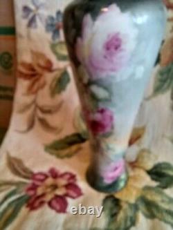 Antique Pl Limoges France Hand Painted Pink Roses Floral Tall Skinny Vase