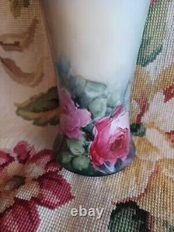 Antique Pl Limoges France Hand Painted Pink Roses Floral Tall Skinny Vase