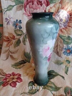 Antique Pl Limoges France Hand Painted Pink Roses Floral Tall Skinny Vase