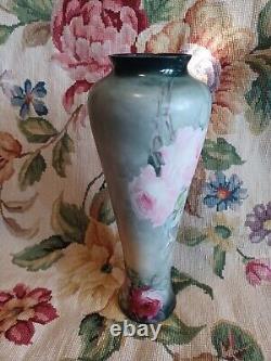 Antique Pl Limoges France Hand Painted Pink Roses Floral Tall Skinny Vase