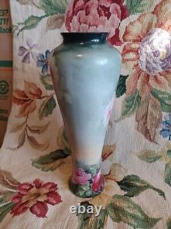 Antique Pl Limoges France Hand Painted Pink Roses Floral Tall Skinny Vase