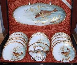 Antique Rare French Limoges Hand Painted Raised Gold Porcelain Fish Set withBox