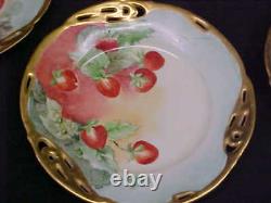 Antique Rc Racine Bavaria Porcelain HP Strawberry Cake Set Lg Plate & 6 Small
