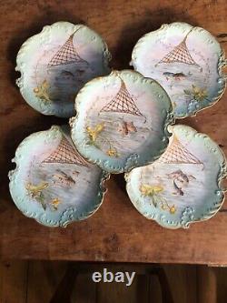 Antique Set Of Five Hand Painted Limoges Fish Plates Well Marked Artist Signed
